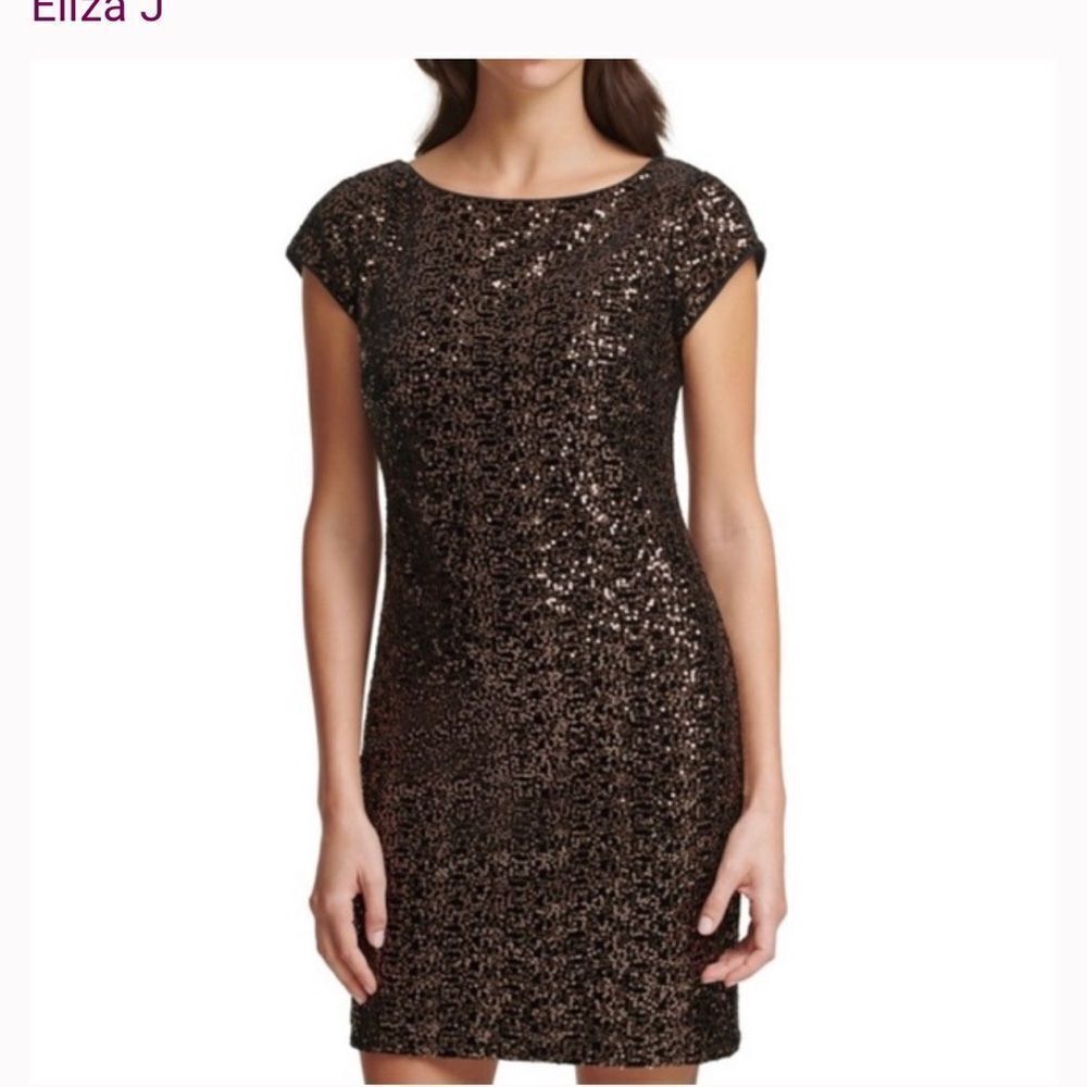 Eliza J Black and Gold Sequin Cocktail Dress